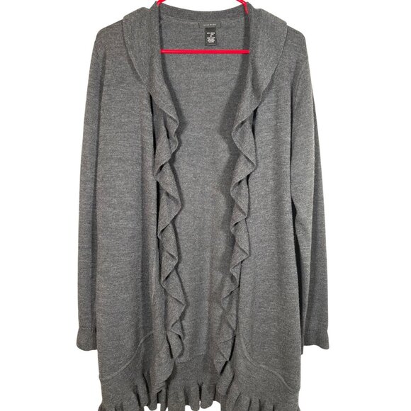 Only Mine Women Merino Wool Cardi Gray M Ruffle Trim Cozy Academia Cottagecore - Picture 2 of 7
